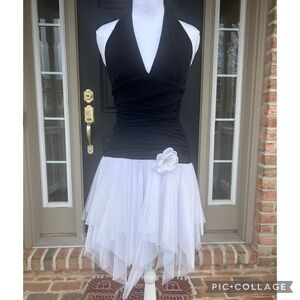 Vintage Y2K black ruched halter fairycore minidress white glitter tulle XS S